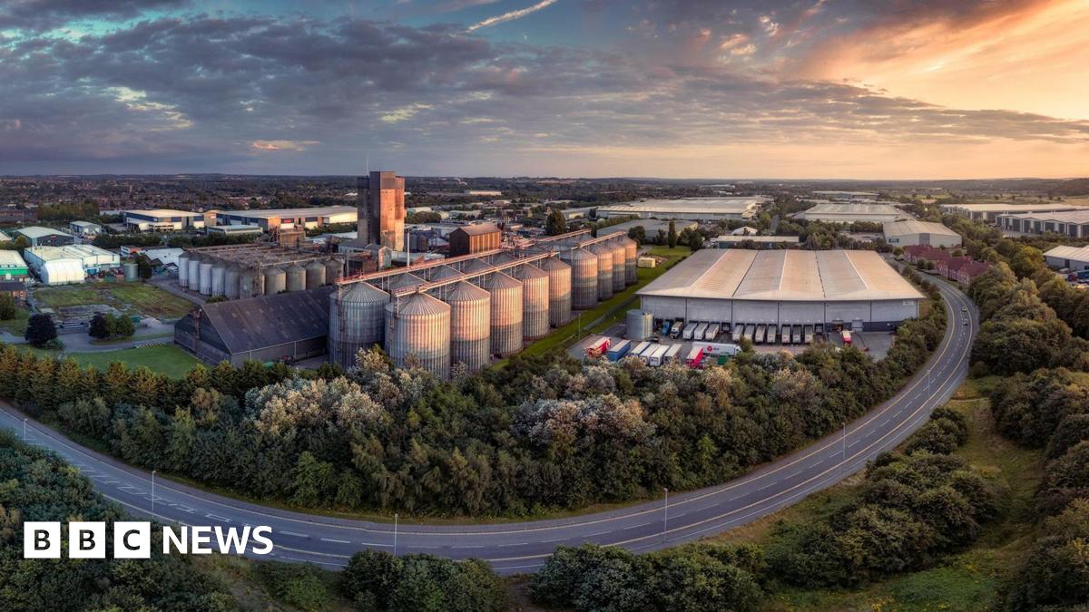 A drone shot of a road circling around an industrial site surrounded by trees during the sunrise.