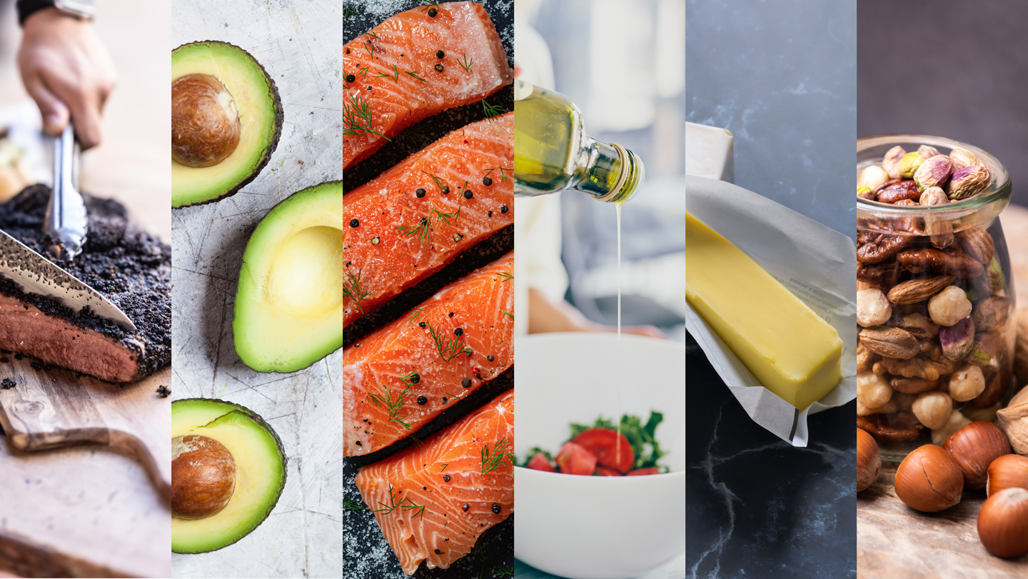 This composite image shows different sources of fat in our diets: someone slicing steak, three half avocados, four strips of salmon ready to cook, someone pouring olive oil on a salad, a stick of butter with its wrapper half off and a jar of nuts.