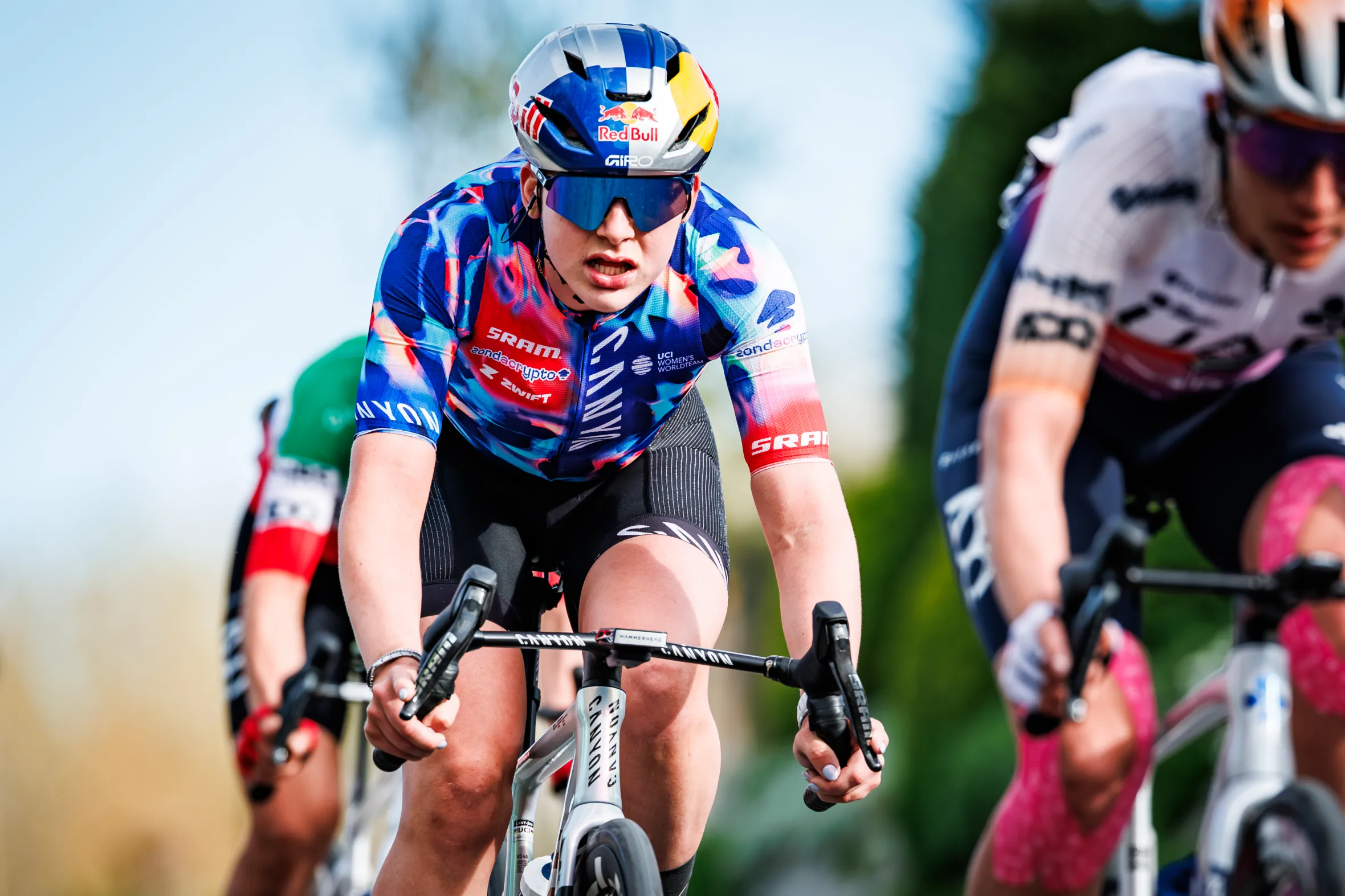 Zoe Backstedt competing in the Ronde van Vlaanderenn v Women Elite cycling race.