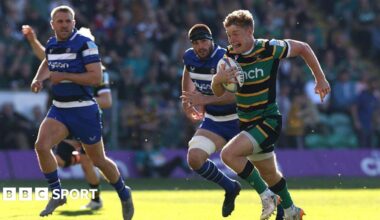 Fin Smith of Northampton Saints charges upfield to score their first try during the Gallagher Prem match between Northampton Saints and Bath Rugby