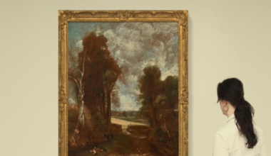The back of a woman with dark hair wearing a white shirt who is looking at the John Constable oil study of The Cornfield, which is hung on a wall in a golden frame