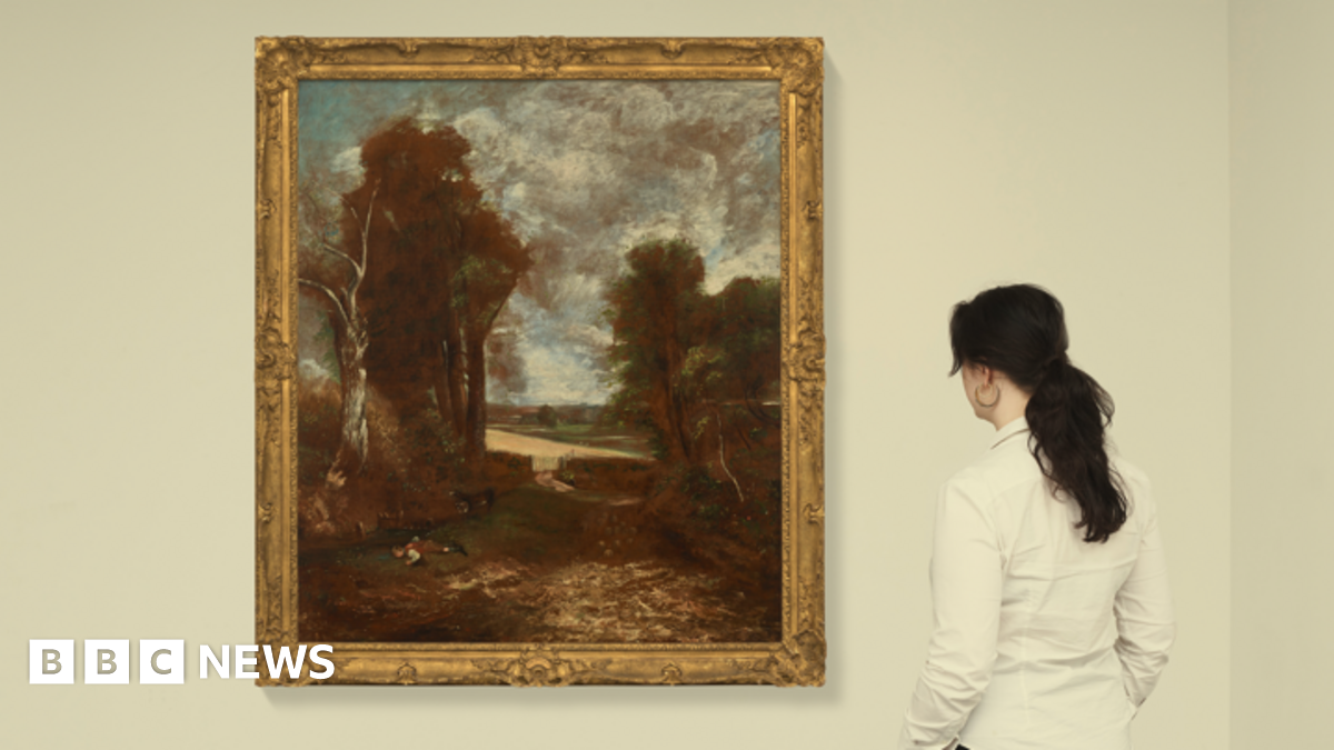 The back of a woman with dark hair wearing a white shirt who is looking at the John Constable oil study of The Cornfield, which is hung on a wall in a golden frame