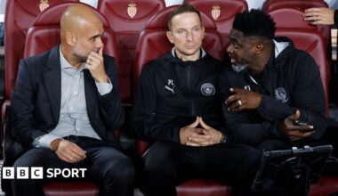 Coach of Manchester City Pep Guardiola, assistant-coaches Pepijn Lijnders and Kolo Toure during the UEFA Champions League 2025/26 League Phase MD2 football match between AS Monaco
