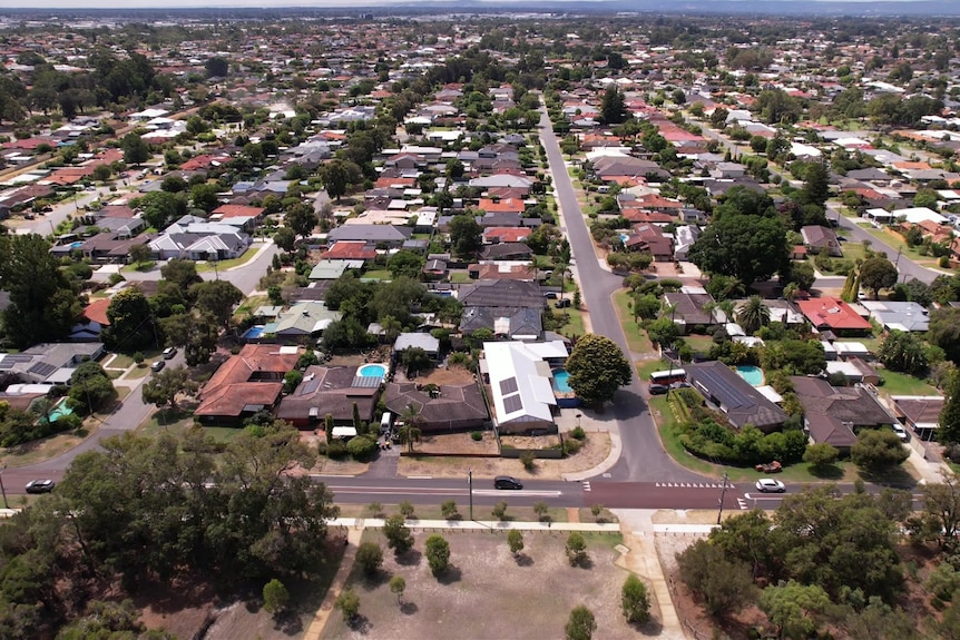 A drone view of houses in a suburb of Perth.