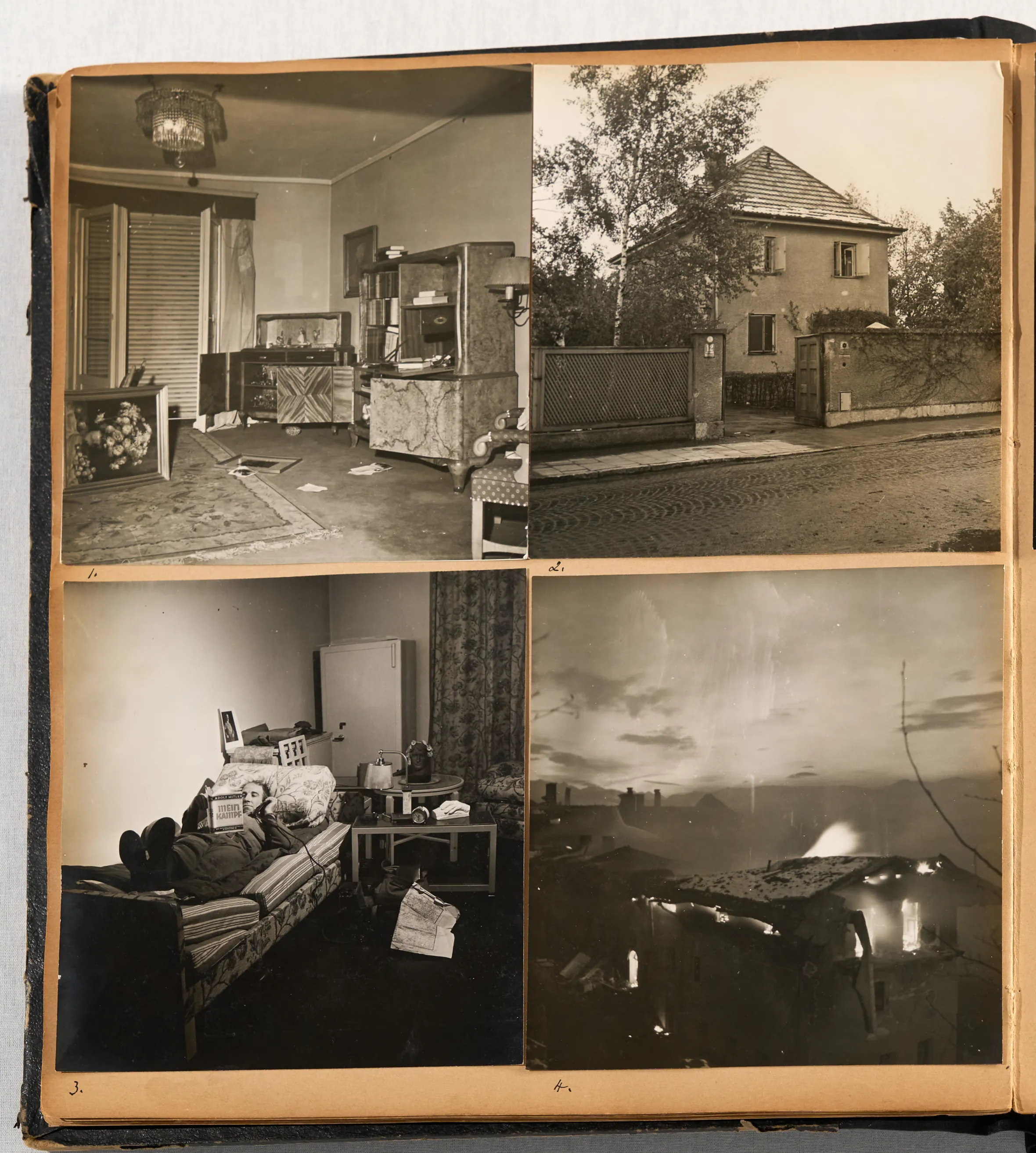Photographs from the Miller-Beaton scrapbook, including Hitler's living room, a house, Eva Braun in bed reading Mein Kampf, the "Eagle's Nest" on fire, and soldiers next to a tank.