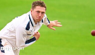 Yorkshire off-spinner Dom Bess bowling against Somerset in a County Championship match in September 2025