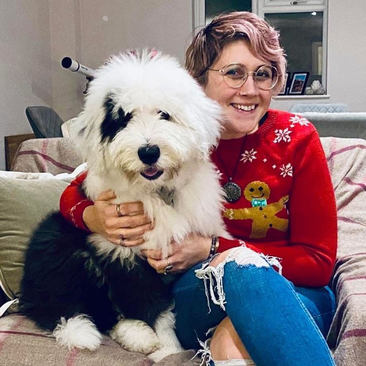 Jemma with her dog at Christmas