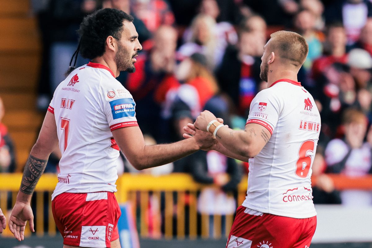 Hull KR's Tyrone May celebrates after a try.