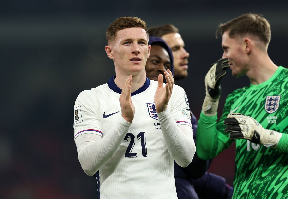 Elliot Anderson of England acknowledges the fans following the FIFA World Cup 2026 qualifier match between Albania and England at Air Albania Stadium