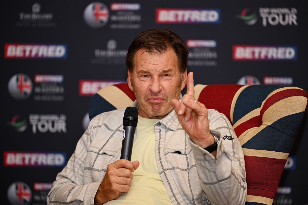 Sir Nick Faldo talks in a press conference prior to the Betfred British Masters hosted by Sir Nick Faldo 2023