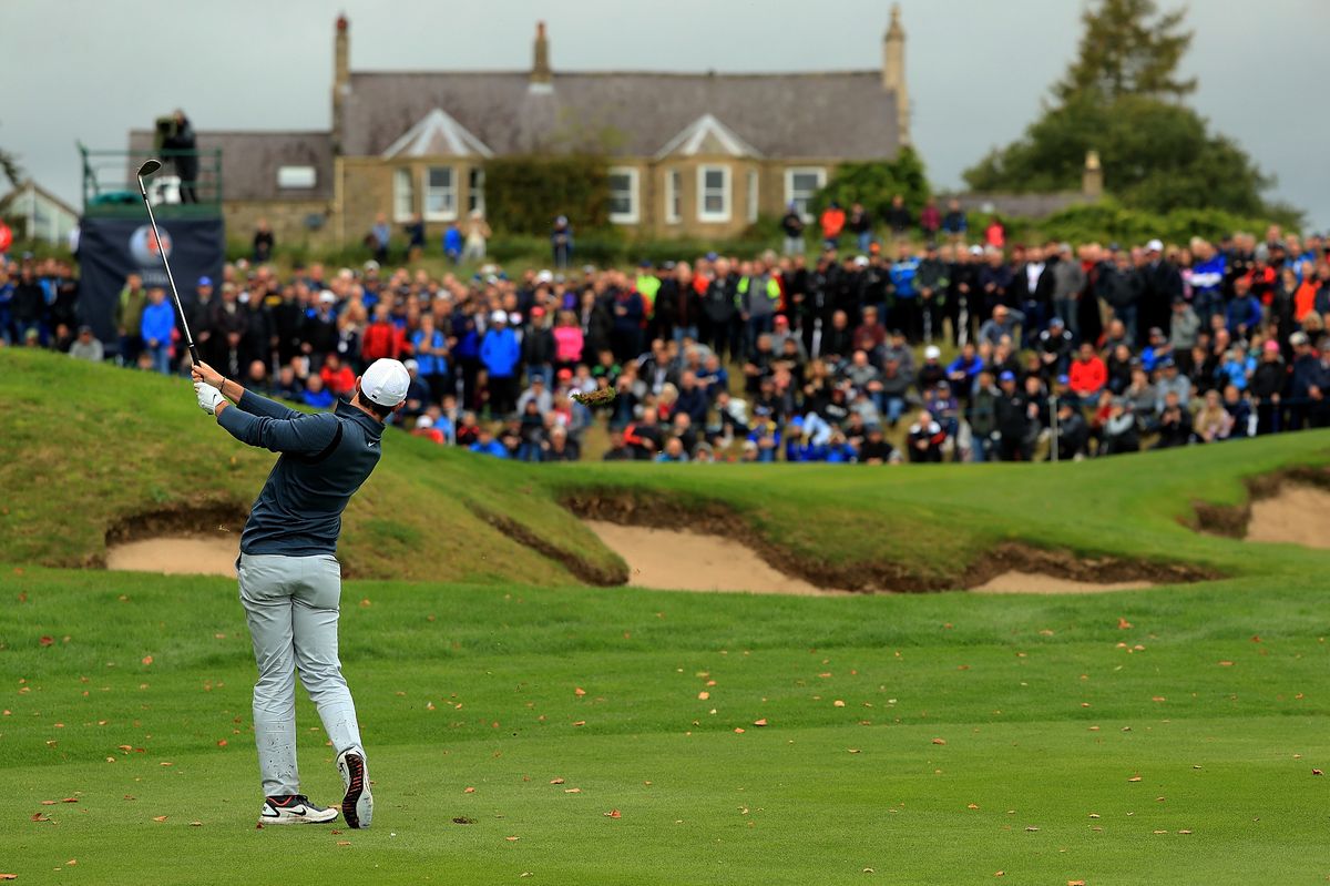 Rory McIlroy of Northern Ireland hits his second shot on the 16th hole during day four of the British Masters at Close House Golf Club on October 1, 2017 in Newcastle upon Tyne, England.  (Photo by Andrew Redington/Getty Images)
