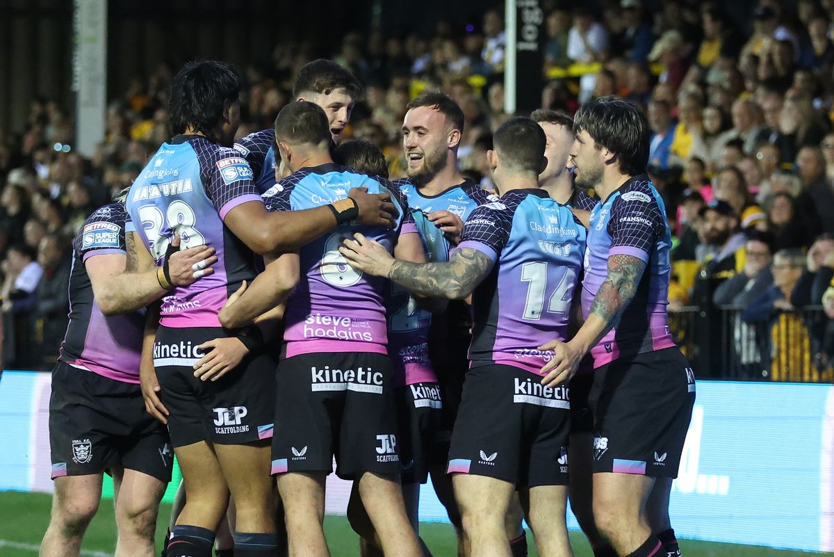 Hull FC celebrate their win at Castleford. 