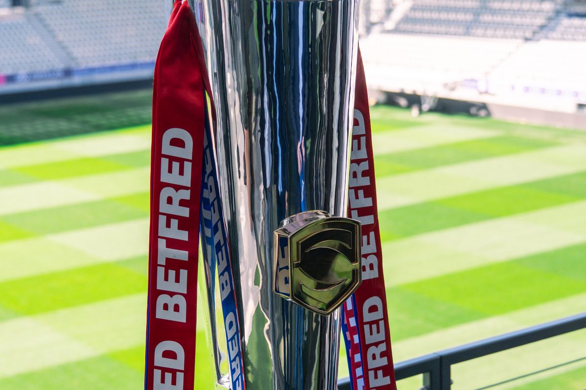 The Super League trophy at Stade Jean-Bouin, Paris, where Catalans Dragons will host Wigan Warriors.