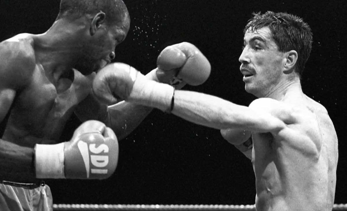Photo showing Dave 'Boy' McAuley on his way to victory against Duke McKenzie