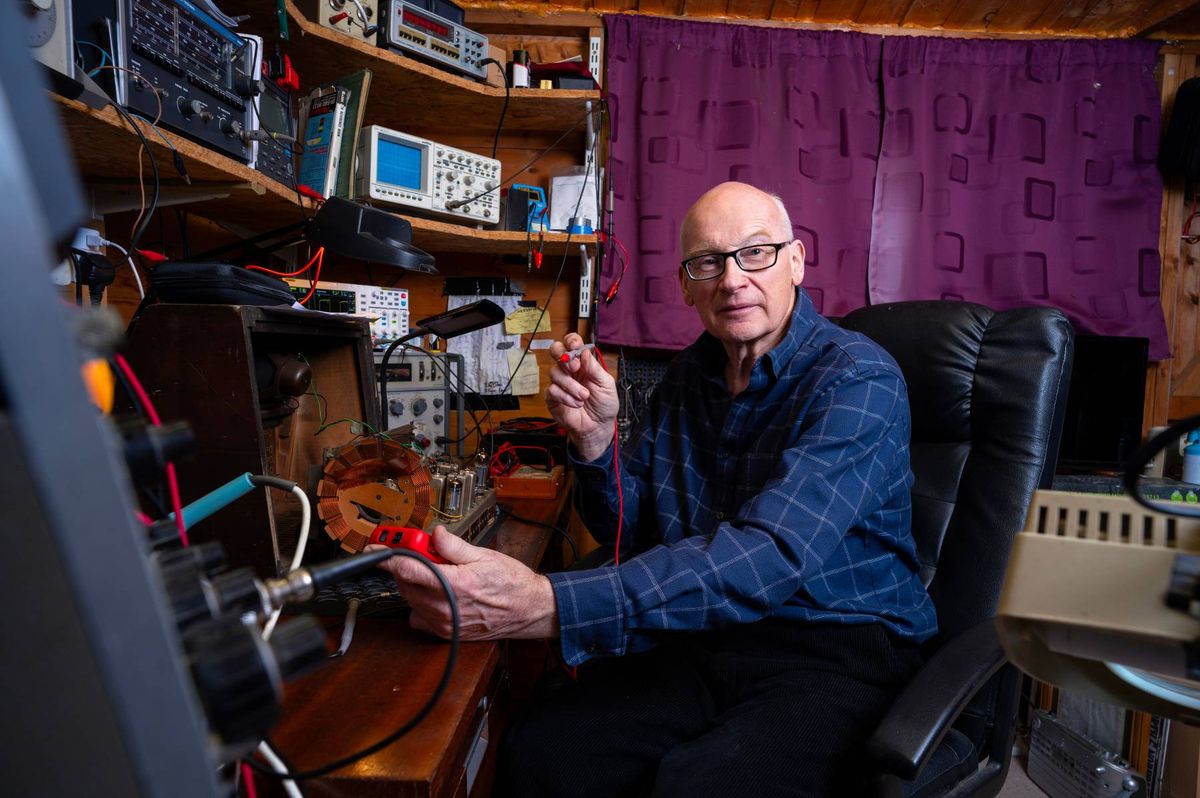 Electronics expert from the B.B.C. T.V. show ‘The Repair Shop’, Mark Stuckey pictured at home in Norfolk. He is pictured in his electronic repairs work shop, his radio and film storage hut, his observatory and his home cinema complete with film projector.