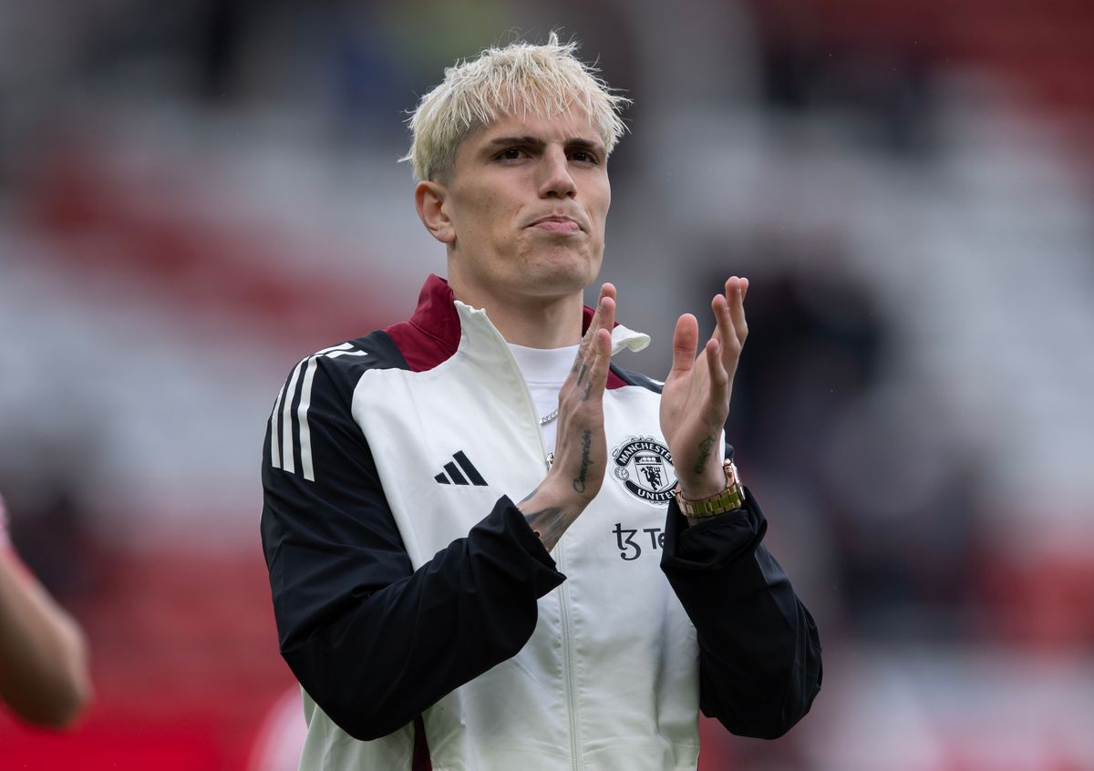 Alejandro Garnacho of Manchester United acknowledges the fans after the Premier League match between Manchester United FC and Aston Villa FC at Old Trafford on May 25, 2025 in Manchester, England.