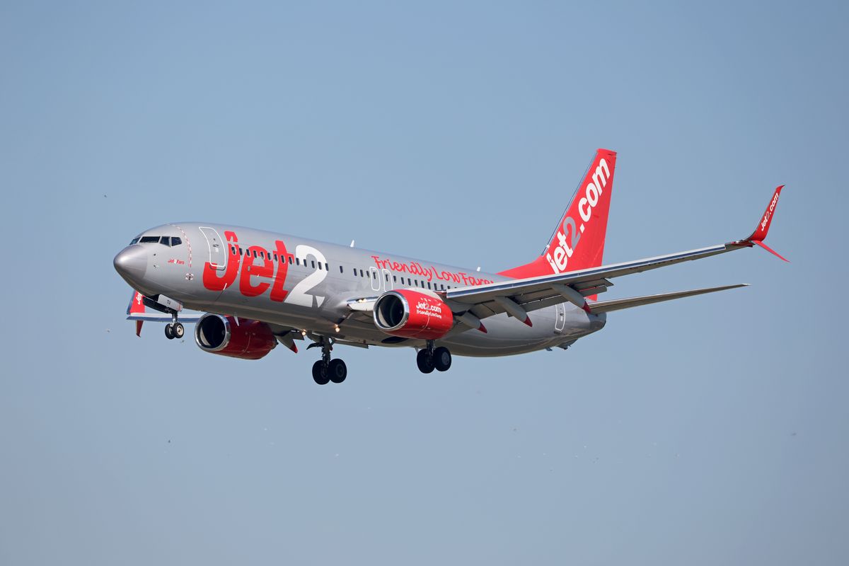 A Jet2 Boeing 737-86N lands at Barcelona-El Prat Airport in Barcelona, Spain