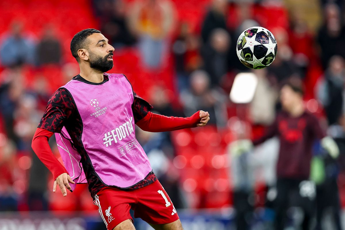 Mohamed Salah of Liverpool FC controls the ball during the UEFA Champions League 2025/26 Round of 16 Second Leg match between Liverpool FC and Galatasaray SK at Anfield on March 18, 2026 in Liverpool, United Kingdom