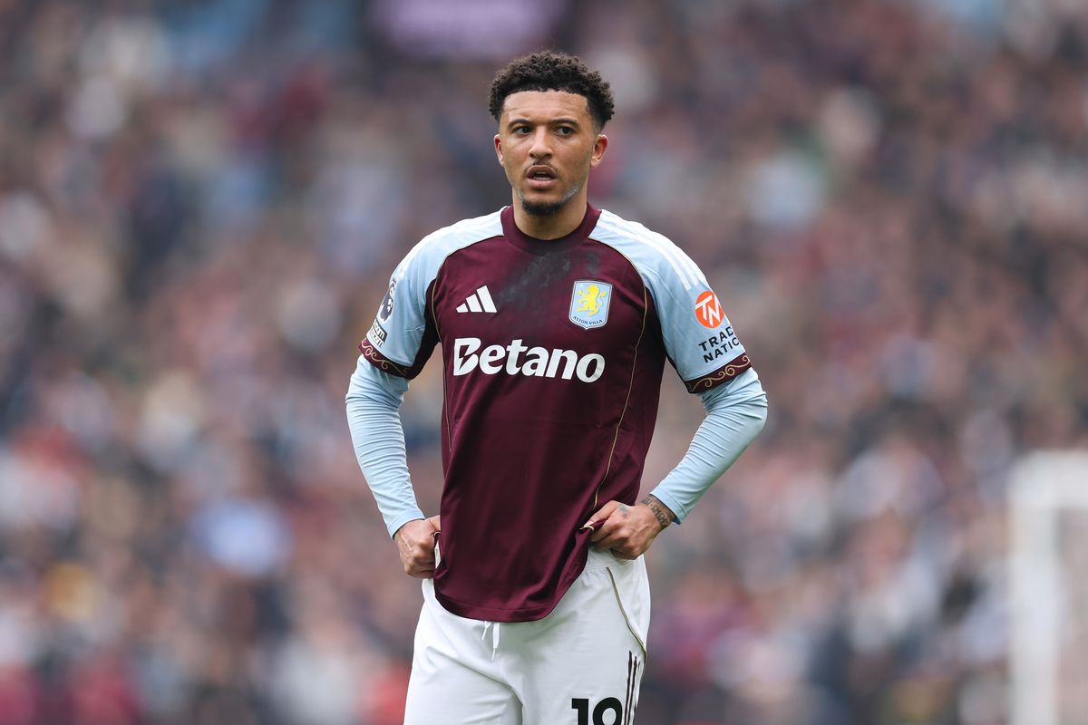 Jadon Sancho of Villa looks on during the Premier League match between Aston Villa and West Ham United at Villa Park on March 22, 2026 in Birmingham, England.