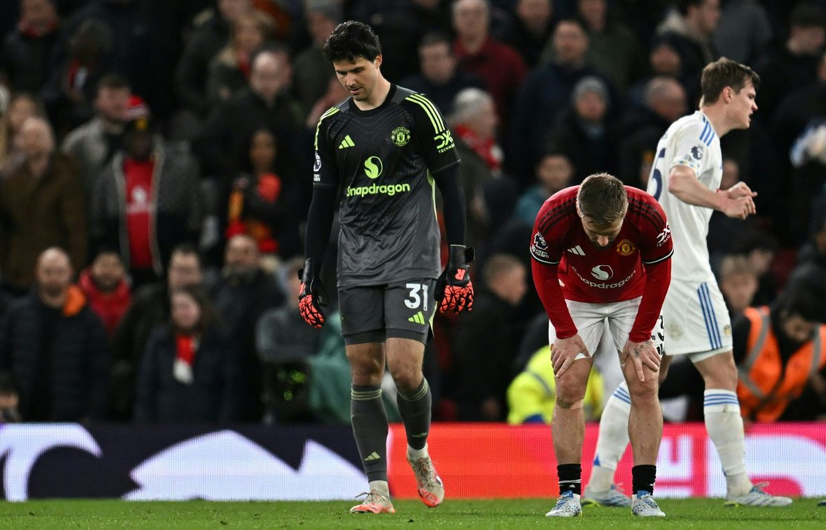 Senne Lammens and Luke Shaw following Manchester United's defeat to Leeds United