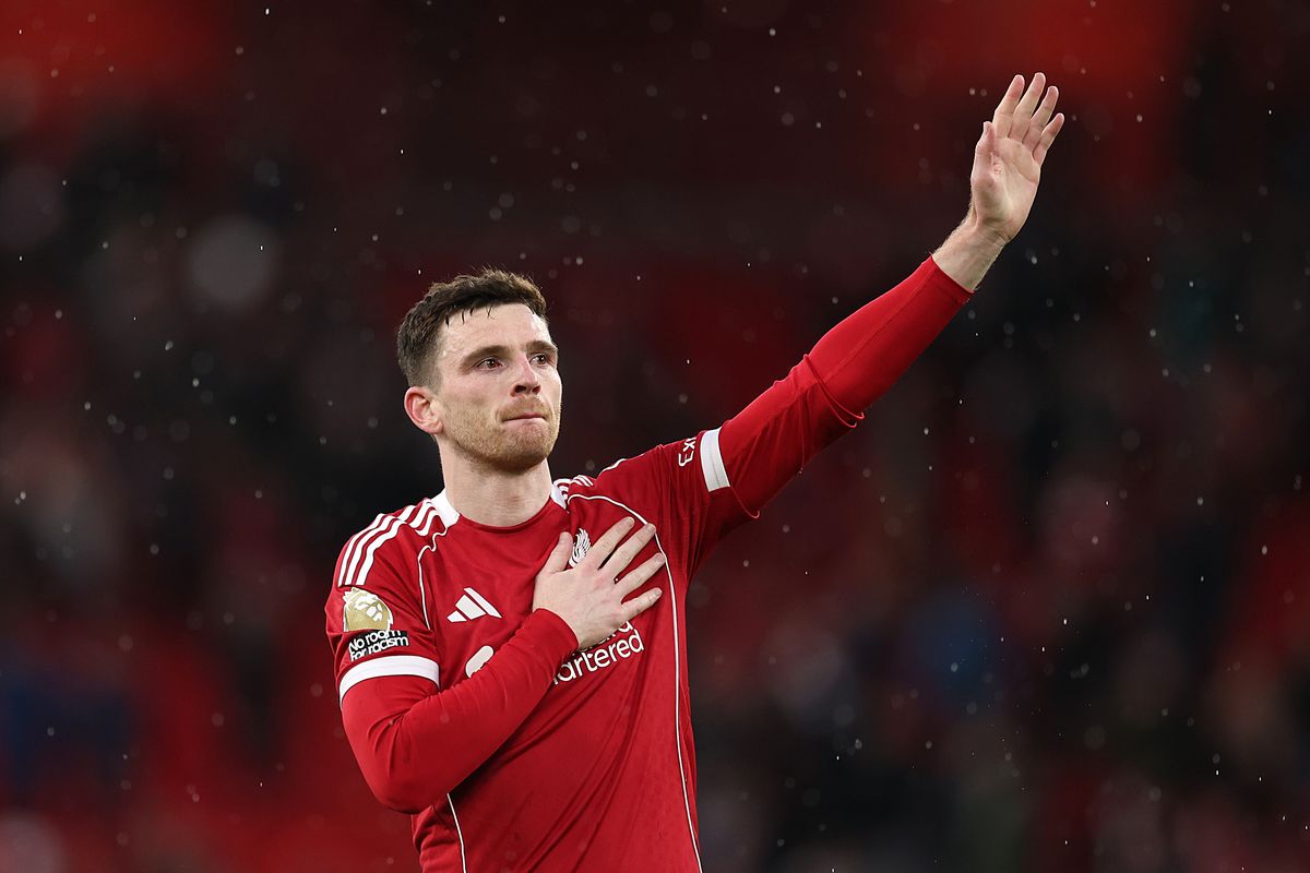LIVERPOOL, ENGLAND - APRIL 11: Andrew Robertson of Liverpool shows appreciation to the fans following the Premier League match between Liverpool and Fulham at Anfield on April 11, 2026 in Liverpool, England. (Photo by Kate McShane/Getty Images)