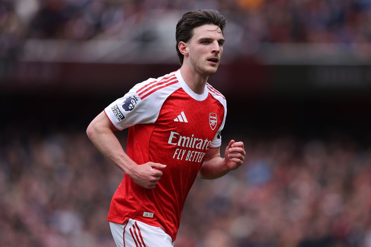 Declan Rice of Arsenal during the Premier League match between Arsenal and Bournemouth at Emirates Stadium on April 11, 2026 in London, England
