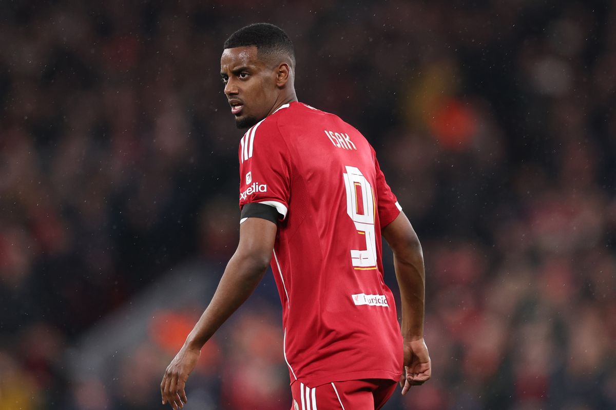 Alexander Isak of Liverpool looks on during the UEFA Champions League 2025/26 Quarter-Final Second Leg match between Liverpool FC and Paris Saint-Germain FC at Anfield on April 14, 2026 in Liverpool, England