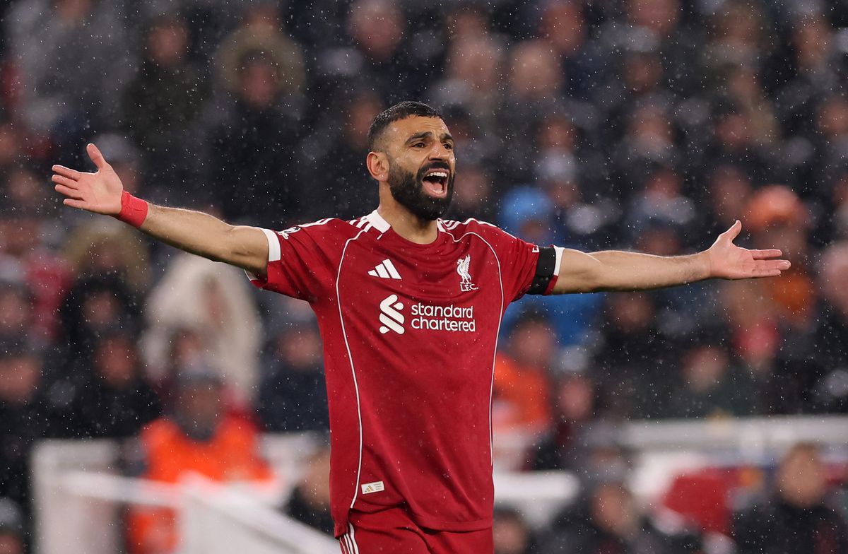 Mohamed Salah of Liverpool reacts during the UEFA Champions League 2025/26 Quarter-Final Second Leg match between Liverpool FC and Paris Saint-Germain FC at Anfield on April 14, 2026 in Liverpool, England