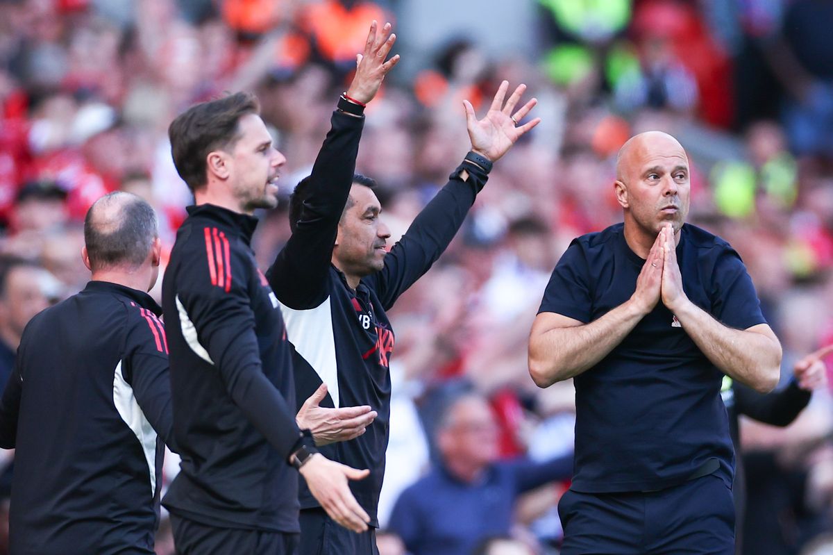 LIVERPOOL, ENGLAND - APRIL 25:   Arne Slot manager / head coach of Liverpool reacts during the Premier League match between Liverpool and Crystal Palace at Anfield on April 25, 2026 in Liverpool, United Kingdom. (Photo by Robbie Jay Barratt - AMA/Getty Images)