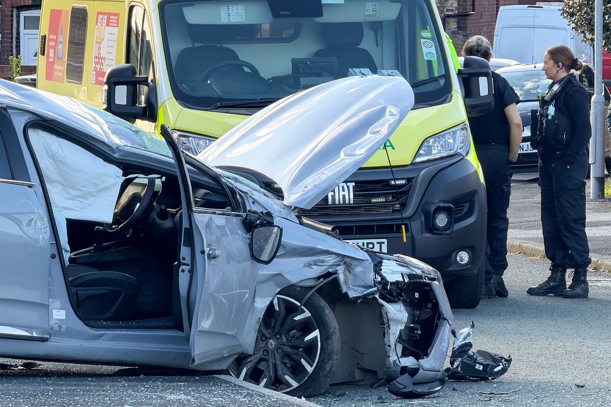 A Renault Clio was wrecked in a crash on Oak Road, Oldham