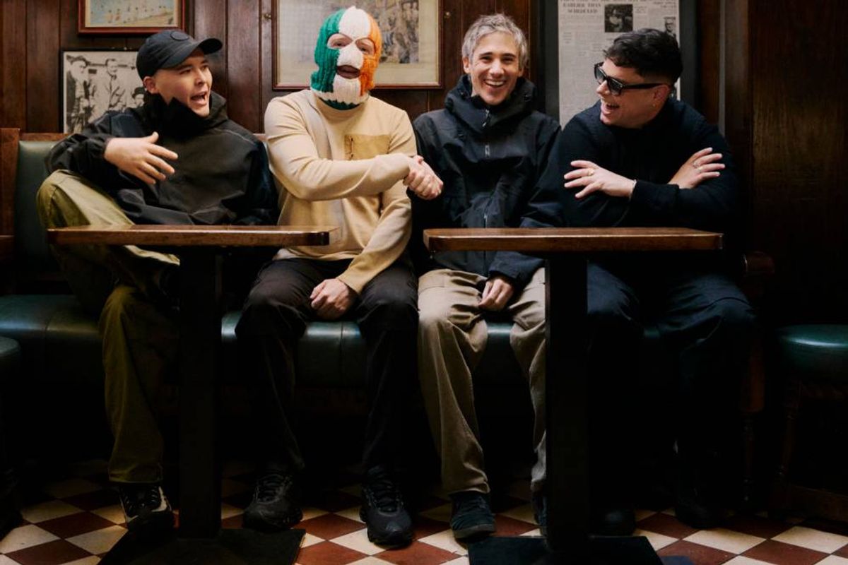 Kneecap with Apple Music's Origin Stories presenter Matt Wilkinson in Belfast