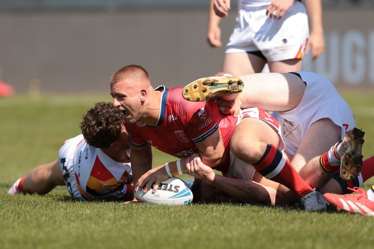Hull Kingston Rovers' Mikey Lewis scores a try at Bradford Bulls