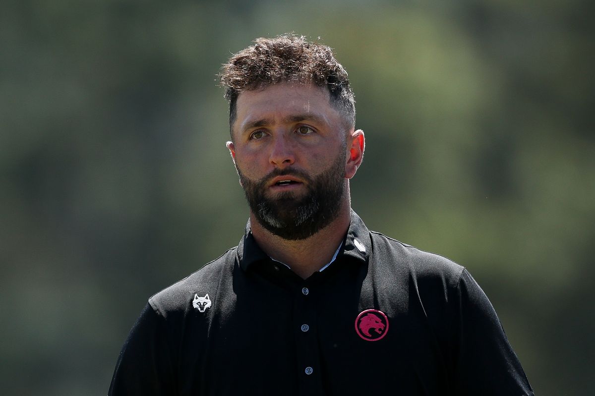 Jon Rahm of Spain reacts on the 18th green during the second round of the 2026 Masters Tournament at Augusta National Golf Club