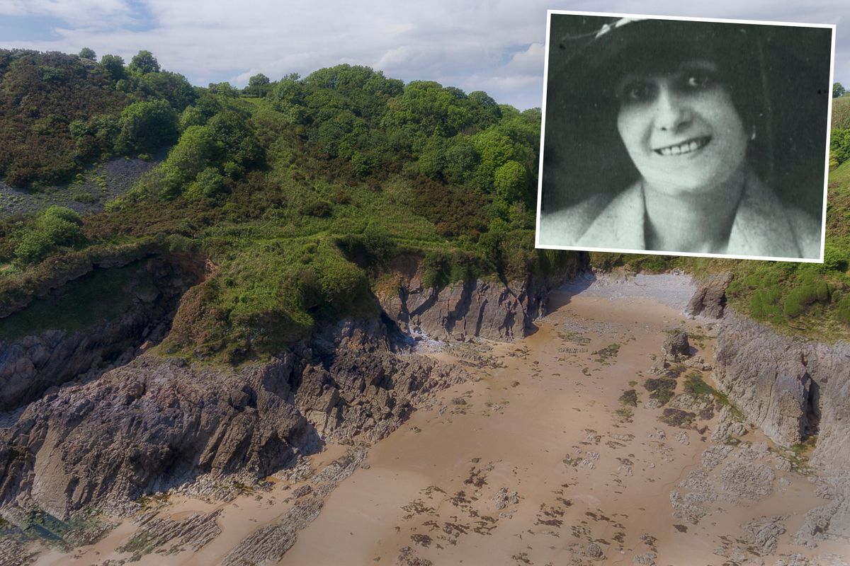 An aerial view of Brandy Cove, the site of the grisly discovery of Mamie Stuart's remains, with a black and white photo of a young woman inset in the top right corner