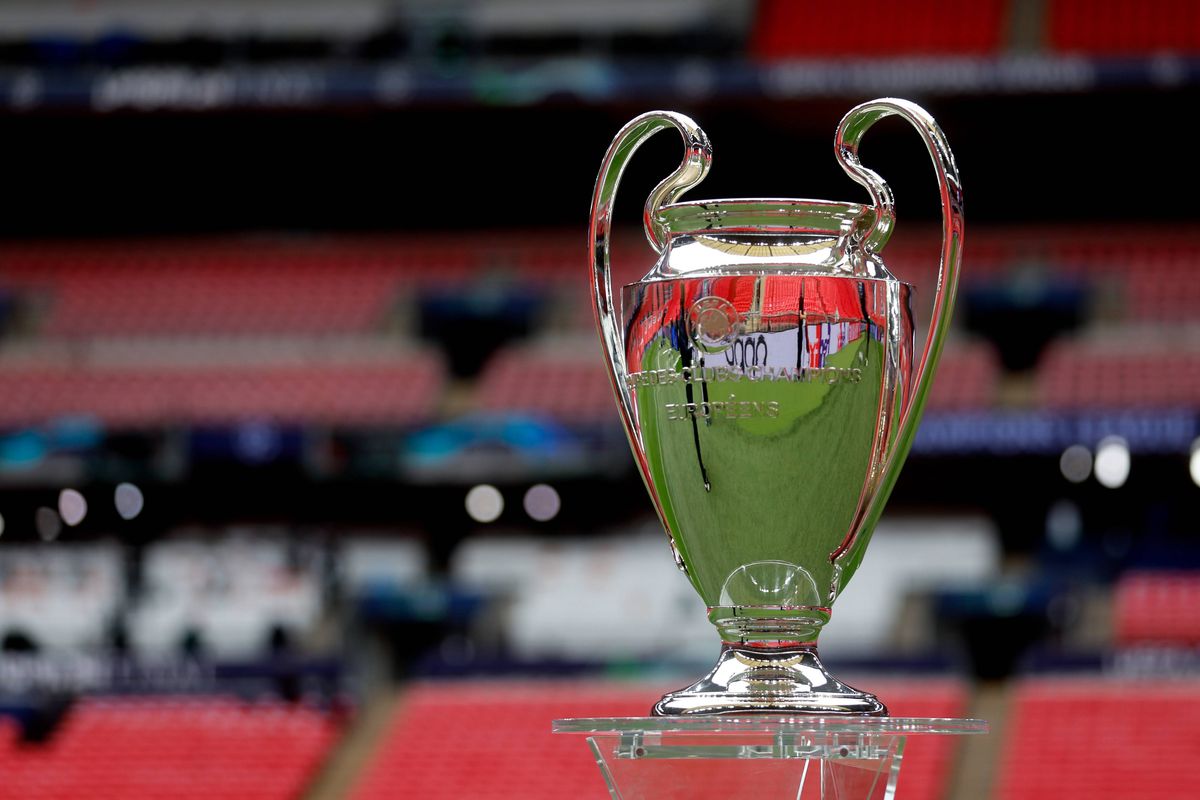 LONDON, UNITED KINGDOM - MAY 31: The Champions League trophy displayed injury the Wembley stadium prior to the training of Real Madrid  during the   Press Conference and training Real Madrid at the Wembley Stadium on May 31, 2024 in London United Kingdom (Photo by Damjan Zibert/Soccrates/Getty Images)
