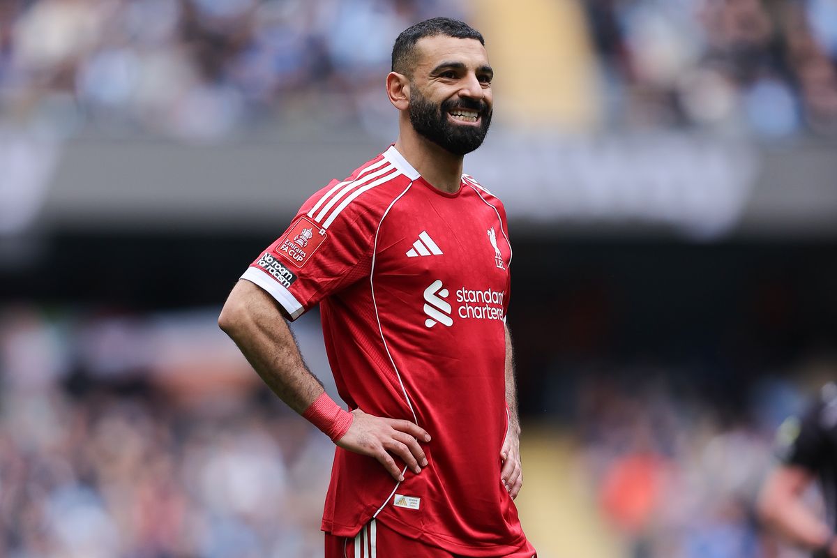 Mohamed Salah of Liverpool reacts after a missed chance during the Emirates FA Cup Quarter Final match between Manchester City and Liverpool