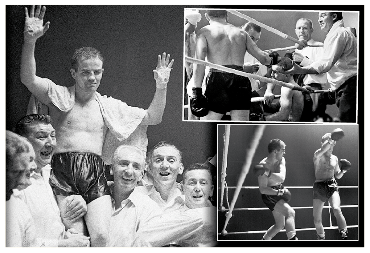 Freddie Gilroy celebrates his Commonwealth Bantamweight title victory over Irish rival Johnny Caldwell
at Belfast’s Kings Hall in October 1962. Caldwell was forced to retire with a cut eye at the end of the ninth round