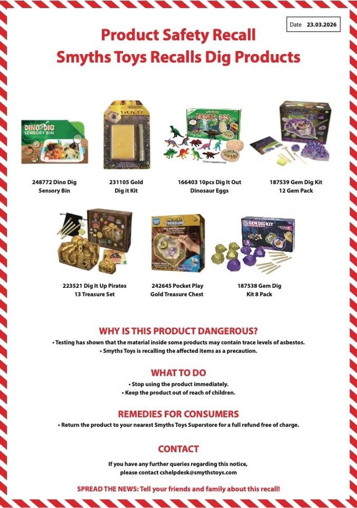 An image displaying a document titled "Safety Information" is presented with a red and white striped border. The document provides information on the potential dangers of a product, what to do in case of an incident, recommendations for consumers, and contact details for further inquiries.