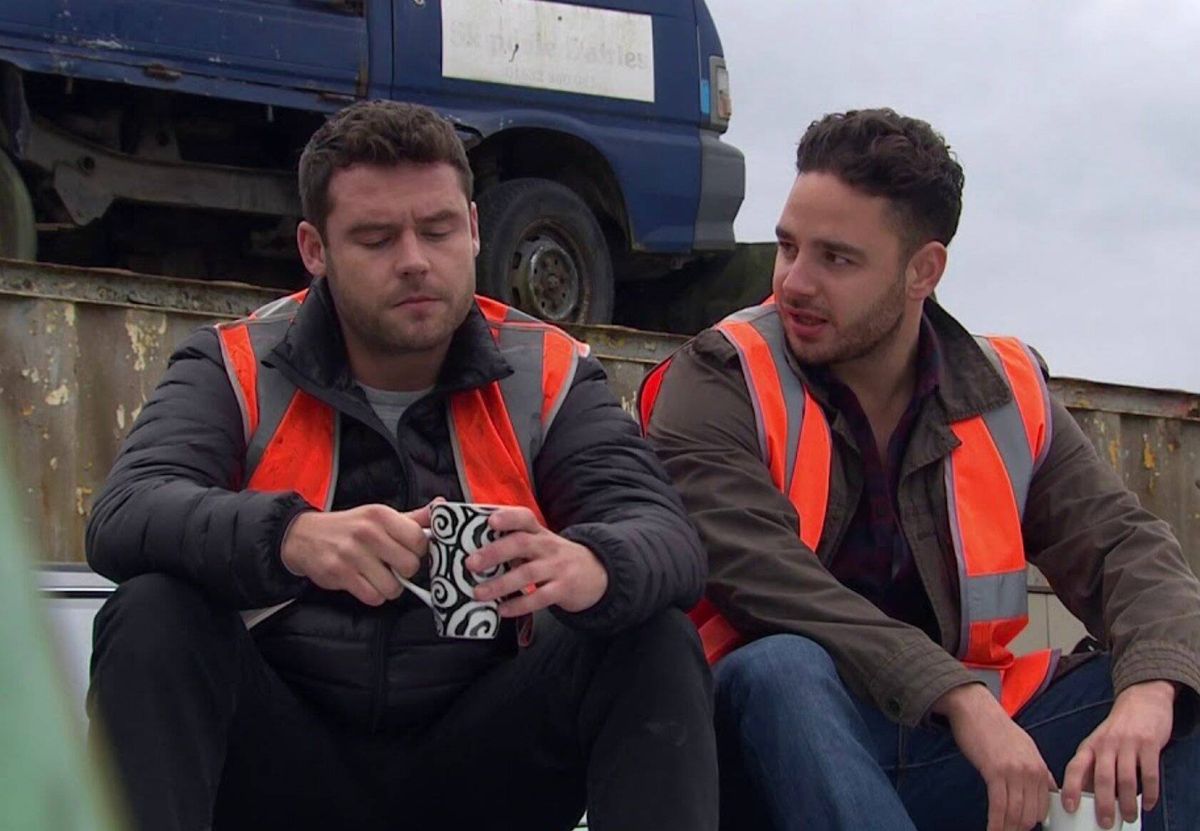 Danny Miller as Aaron Dingle and Adam Thomas as Adam Barton on Emmerdale