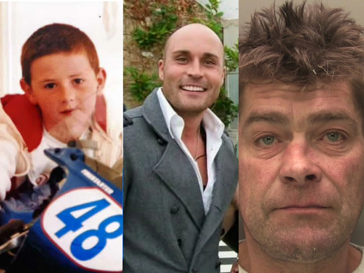 Family handouts of Anthony Binfield pictured as a child and David Richards and a mugshot of Rolandas Karbauskas