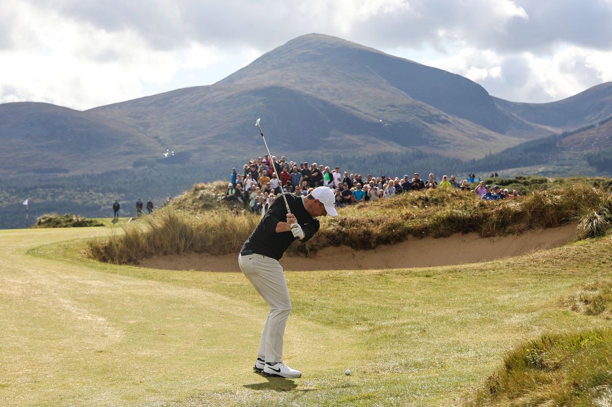Rory McIlroy plays a shot on the eighth hole at Royal County Down, Newcastle