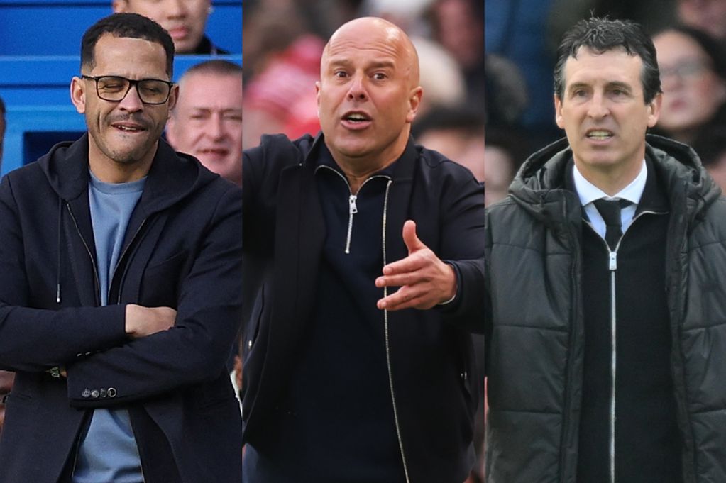 A split image of Liam Rosenior, Arne Slot and Unai Emery