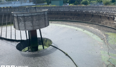 A crack stretches across a storm tank.
