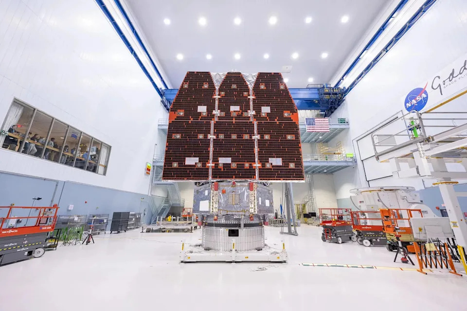 NASA’s Nancy Grace Roman Space Telescope stands fully assembled, following the integration of its two major segments, in the clean room at the agency’s Goddard Space Flight Center in Greenbelt, Maryland. The mission is slated to launch by May 2027, but the team is on track for launch as early as fall 2026.