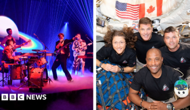 Composite image. Left: Glass Animals performs on The Tonight Show in front of a digital background showing Saturn with rainbow coloured rings as well as blue beams of light shining from the floor and ceiling. Right: The NASA Artemis II crew, Mission Specialist Christina Koch, Mission Specialist Jeremy Hansen, Commander Reid Wiseman, and Pilot Victor Glover, pose for a group photo inside the Orion spacecraft.