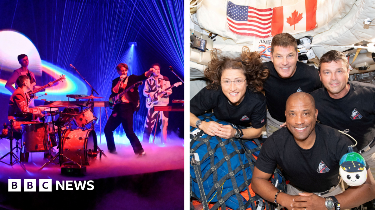 Composite image. Left: Glass Animals performs on The Tonight Show in front of a digital background showing Saturn with rainbow coloured rings as well as blue beams of light shining from the floor and ceiling. Right: The NASA Artemis II crew, Mission Specialist Christina Koch, Mission Specialist Jeremy Hansen, Commander Reid Wiseman, and Pilot Victor Glover, pose for a group photo inside the Orion spacecraft.