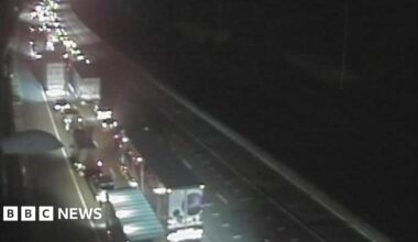 A traffic camera image of traffic queued on the M25.