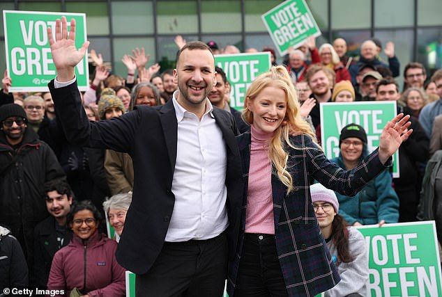 Zack Polanski and Gorton and Denton Green Party candidate Hannah Spencer pose for a picture on January 30