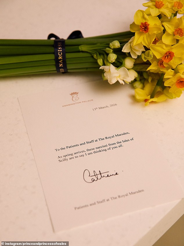 The Princess of Wales, 44, told patients and staff at The Royal Marsden hospital in London that 'I am thinking of you all'