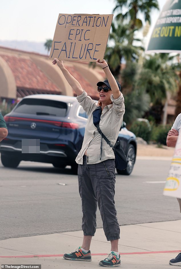 Now aged 58, she was glimpsed recently attending an anti-Trump demonstration where she held a sign that described the Iran War as 'Operation Epic Failure'